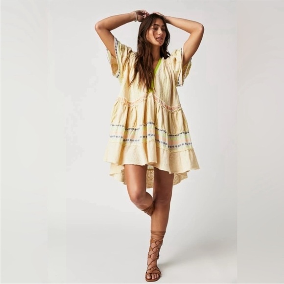 Free People Bella Tunic Dress Embroidered Babydoll Boho Ivory - Picture 1 of 9